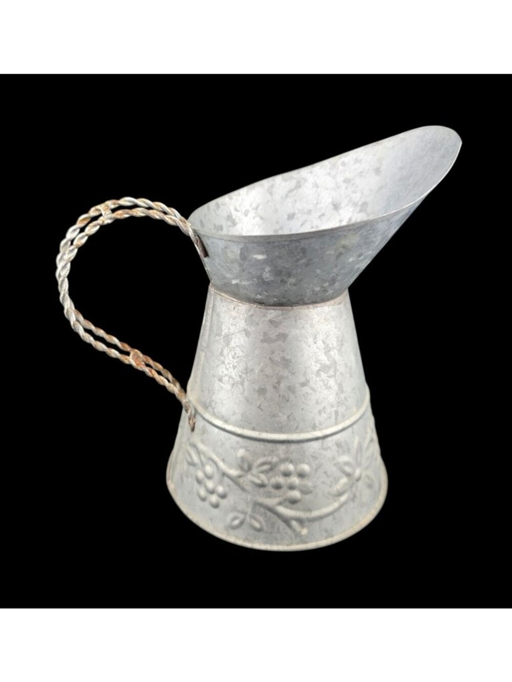 Galvanized Metal Pitcher With Embossed Floral Design & Twisted Handle - Picture 9 of 15